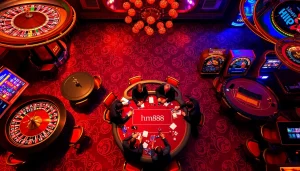 Experience thrill and excitement at hm88 with a luxurious poker table scene featuring live dealers.