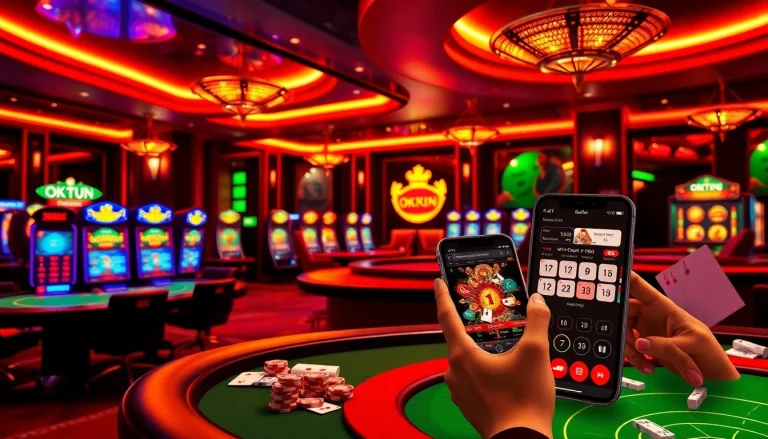 Engaging scene of mobile gambling with users on app okfun in a vibrant casino atmosphere.