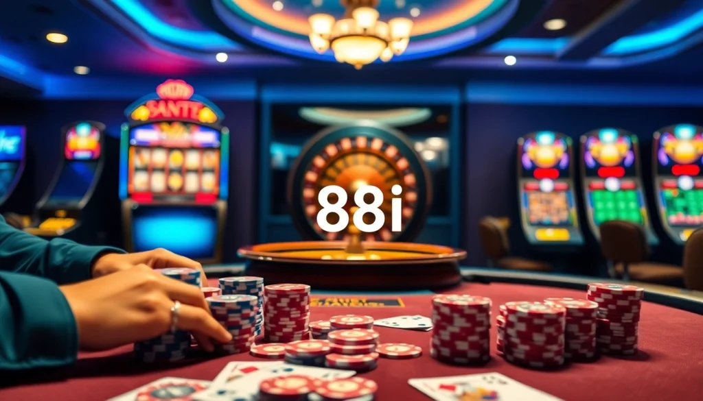 Engaged players strategizing at a poker table in a high-end casino scene featuring 88i elements.