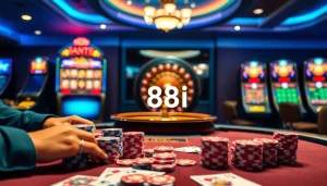 Engaged players strategizing at a poker table in a high-end casino scene featuring 88i elements.