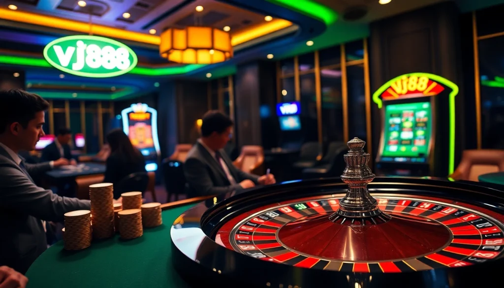 Experience the thrill of casino gambling with VJ88 as players engage at the roulette table.
