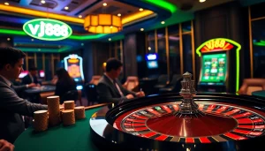 Experience the thrill of casino gambling with VJ88 as players engage at the roulette table.