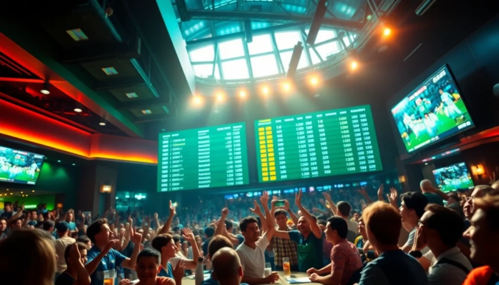 Tylelekeo88 sports betting scene with live odds and cheering fans.