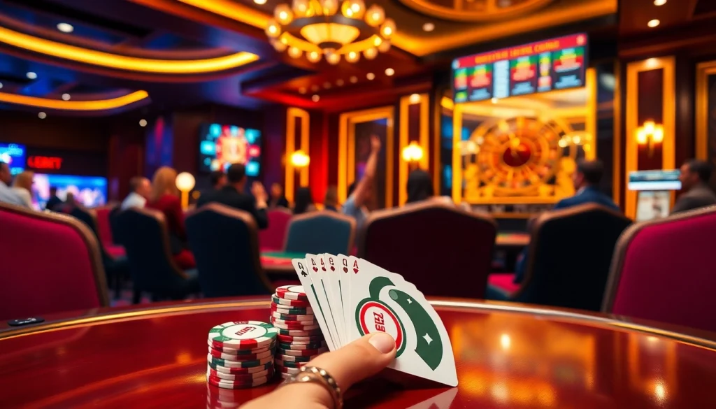 Players engage in dynamic poker action at a DEBET-branded casino table.