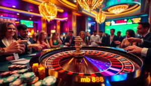 Engaging players place bets at an mb 88-themed roulette table in a luxurious casino.