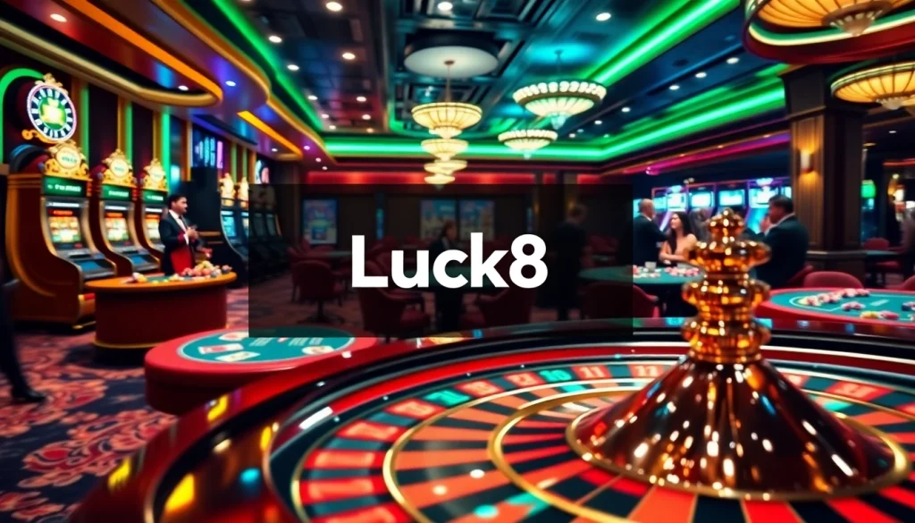 Engage in thrilling games at Luck8 casino, showcasing roulette, blackjack, and vibrant slot machines.