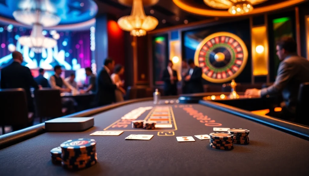 Engage in a thrilling gaming experience showcasing Giới Thiệu S8 with professional casino elements like cards and roulette.