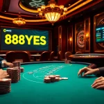 Players strategize at the poker table with 888YES branding visible in the vibrant casino scene.