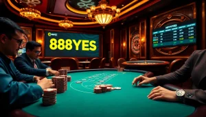 Players strategize at the poker table with 888YES branding visible in the vibrant casino scene.