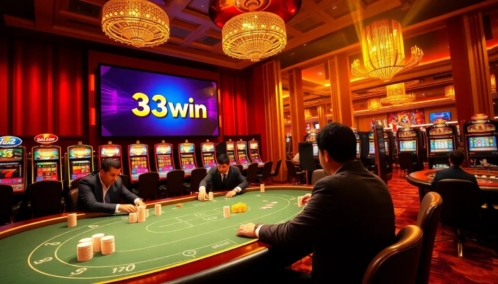 Professional gamblers play at a luxurious table in a vibrant casino scene featuring 33win.