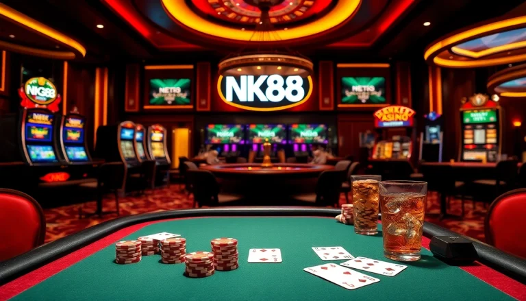 Experience thrilling gameplay at https://nk88.us.com/ with a luxurious casino poker setup and vibrant betting atmosphere.