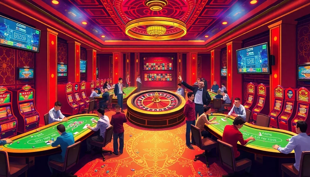 Experience the electrifying atmosphere of go99 with vibrant casino tables and players eagerly placing bets.