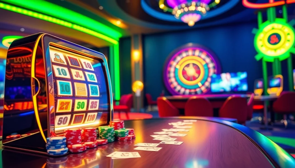 S8 game action at a luxurious casino table, showcasing vibrant slots and poker chips.