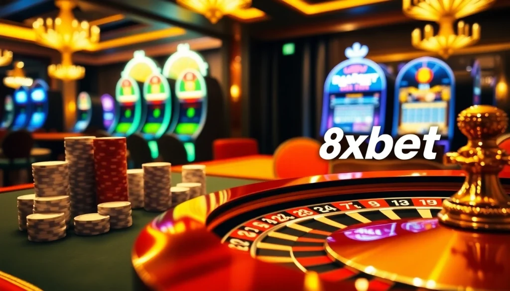 A vibrant casino scene showcasing the 8xbet online gambling platform with roulette and poker elements.