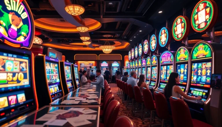 Exciting nổ hũ slot machines lighting up a vibrant casino scene with players and poker chips.