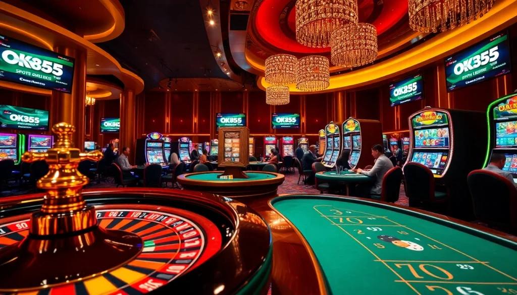 Players enjoying high-stakes games at OK365, a premier online casino, featuring vibrant slots and poker tables.