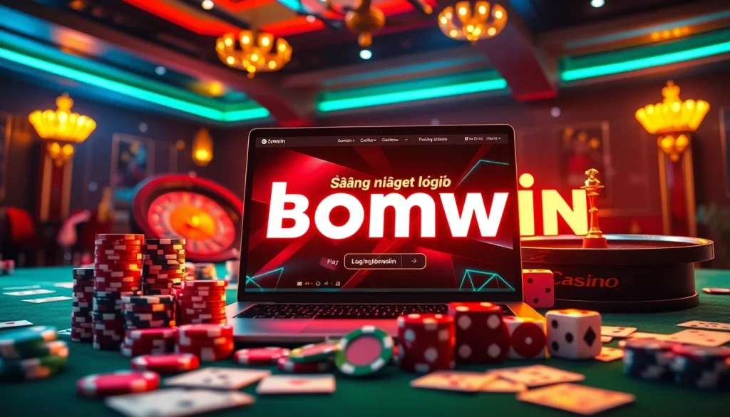 Log in to bombwin with a vibrant casino setup highlighting gaming elements.