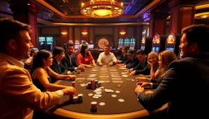Experience the thrill of gaming at https://luck8f.jpn.com/ with a vibrant casino scene featuring excited players and a luxurious poker table.