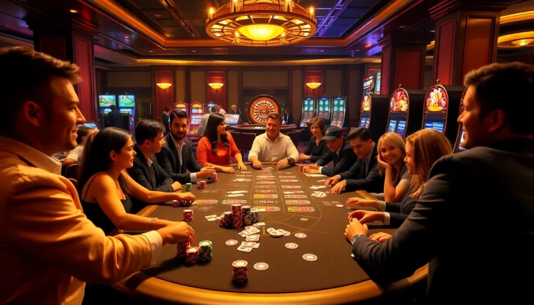 Experience the thrill of gaming at https://luck8f.jpn.com/ with a vibrant casino scene featuring excited players and a luxurious poker table.