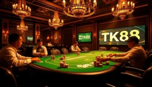 Players strategizing at a high-stakes TK88 poker table in a luxurious casino setting.