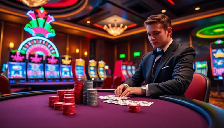Engaging gambling scene showcasing https://88vv.com.de/ with players at a poker table and illuminated slot machines.