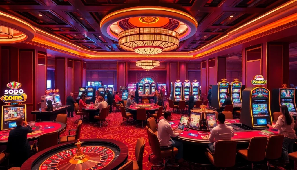 SODO casino scene with players at roulette and slot machines, showcasing excitement and luxury.