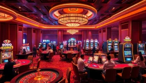 SODO casino scene with players at roulette and slot machines, showcasing excitement and luxury.