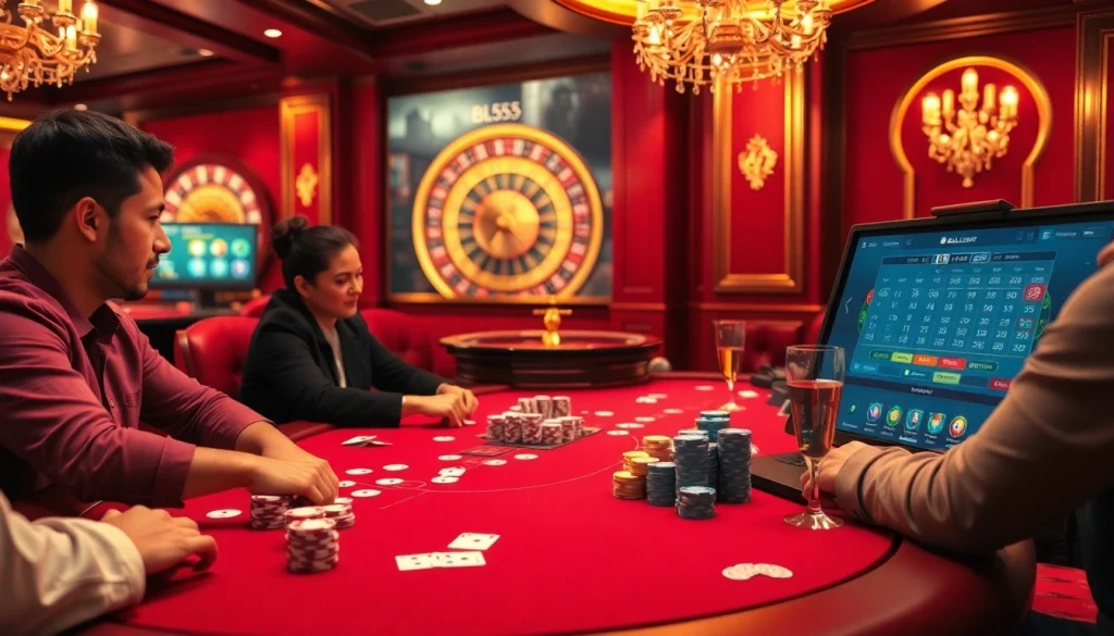 Engage in thrilling gameplay at BL555 casino with poker chips, cards, and roulette excitement.
