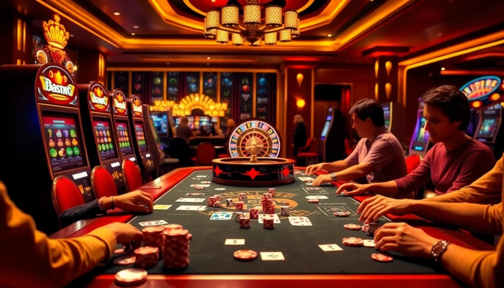 Exciting gaming table scene at https://mmoo.de.com/ filled with slot machines and vibrant poker chips.