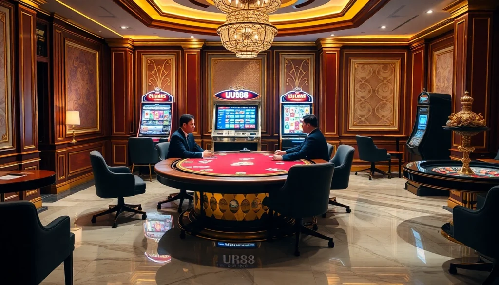 Engaging scene of professional gamblers at a UU88 poker table, highlighting excitement and luxury in gaming.