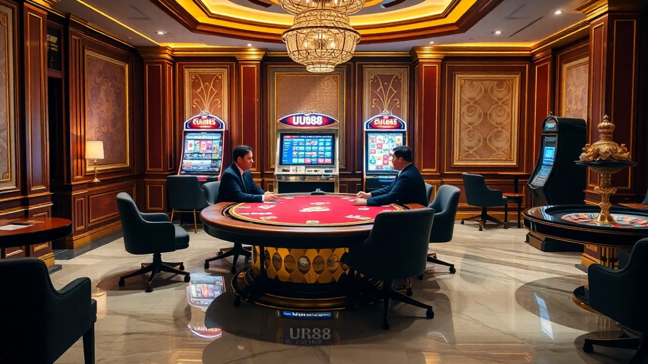 Engaging scene of professional gamblers at a UU88 poker table, highlighting excitement and luxury in gaming.