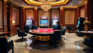 Engaging scene of professional gamblers at a UU88 poker table, highlighting excitement and luxury in gaming.