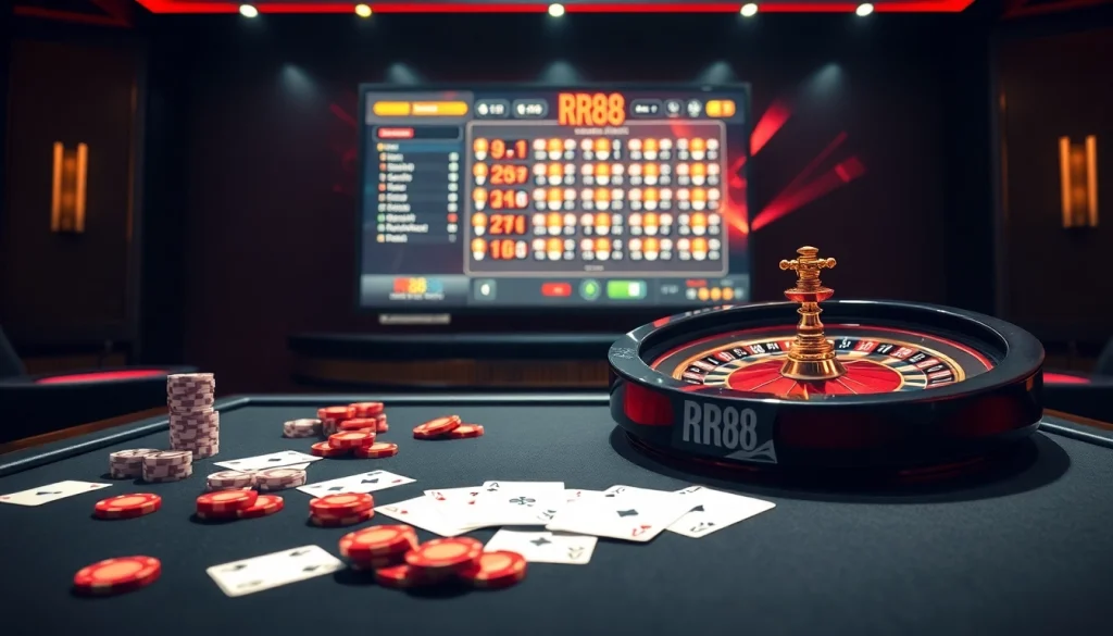 Experience the thrill at RR88 online casino with vibrant gaming tables and luxurious decor.