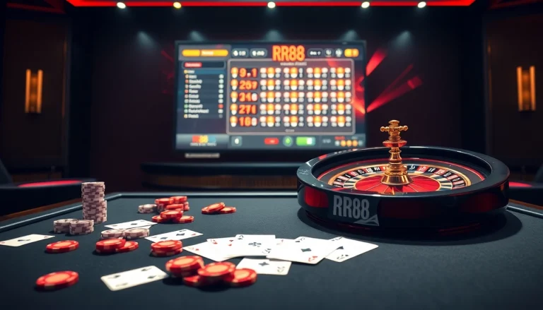 Experience the thrill at RR88 online casino with vibrant gaming tables and luxurious decor.