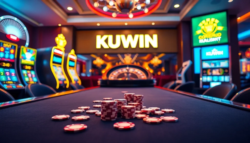 Experience an exciting moment at KUWIN casino with vibrant poker action and a dazzling roulette wheel.