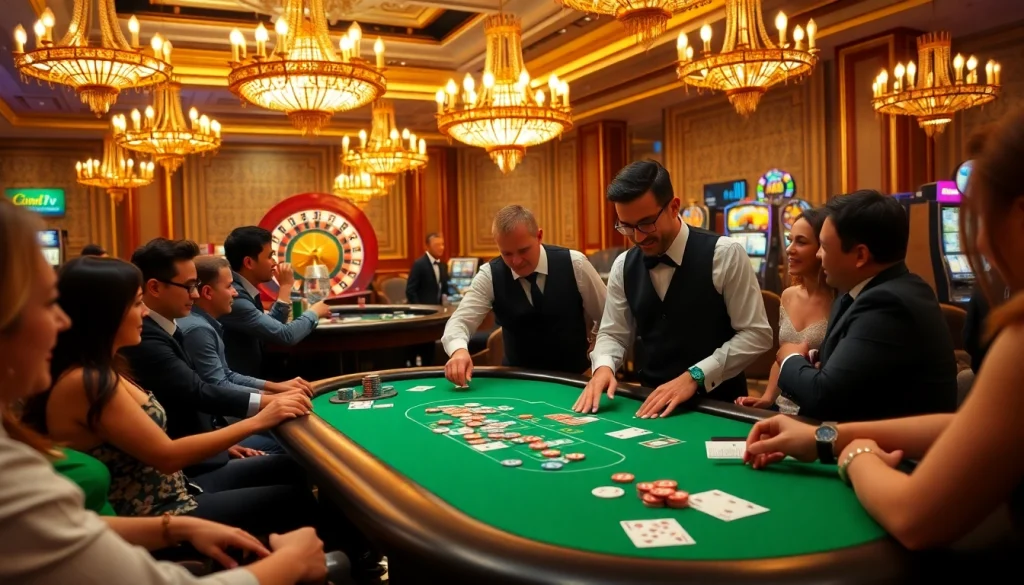 Fun79 casino scene with vibrant poker table, roulette wheel, and excited players.
