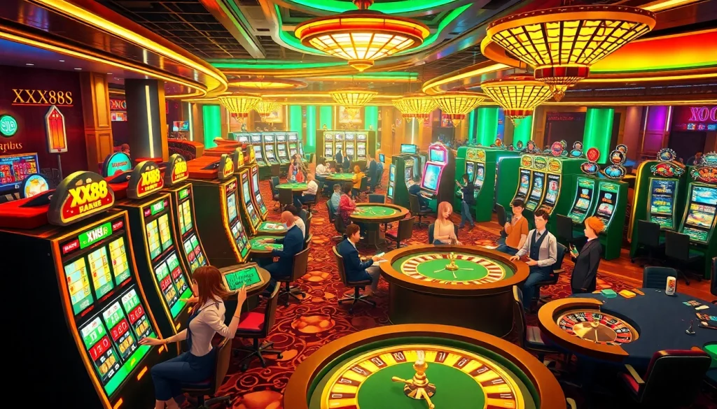 Experience high-stakes excitement at XX88-themed casino tables with vibrant games.