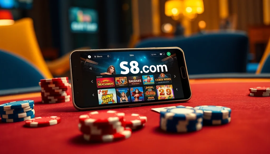 S8 online gaming experience on a smartphone with casino graphics.