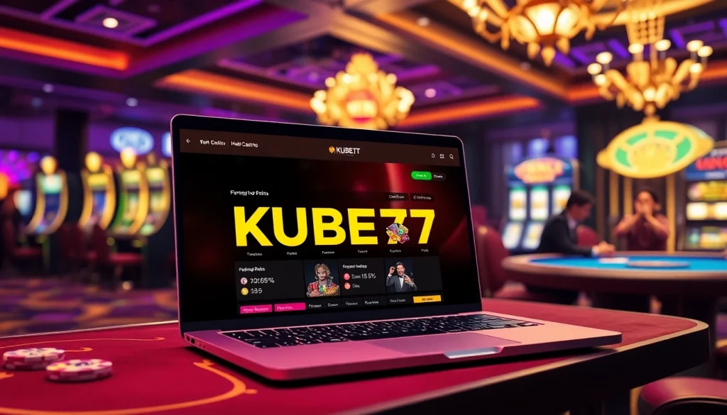 KUBET77 online gambling interface displayed in a luxurious casino scene with vibrant tables and players.