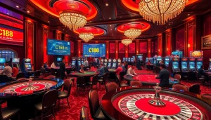 C168 gambling scene featuring a luxurious casino environment with roulette and slot machines.