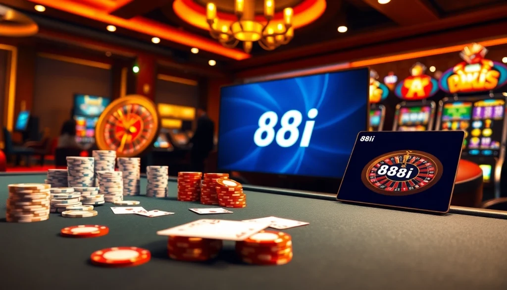 Engage with the thrilling online gambling interface of 88i featuring poker tables and vibrant slot machines.