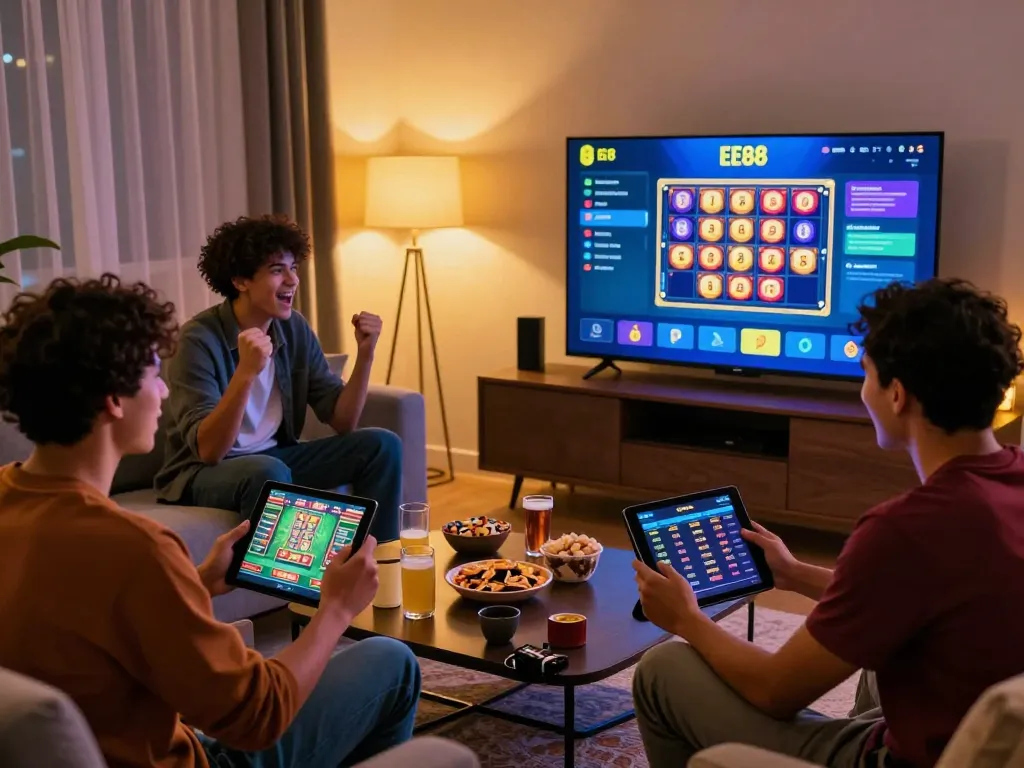 Friends enjoying the thrill of online gaming with EE88 on various devices