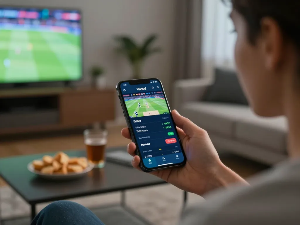 Winbd user engaging in mobile sports betting on a smartphone in a cozy living room setting