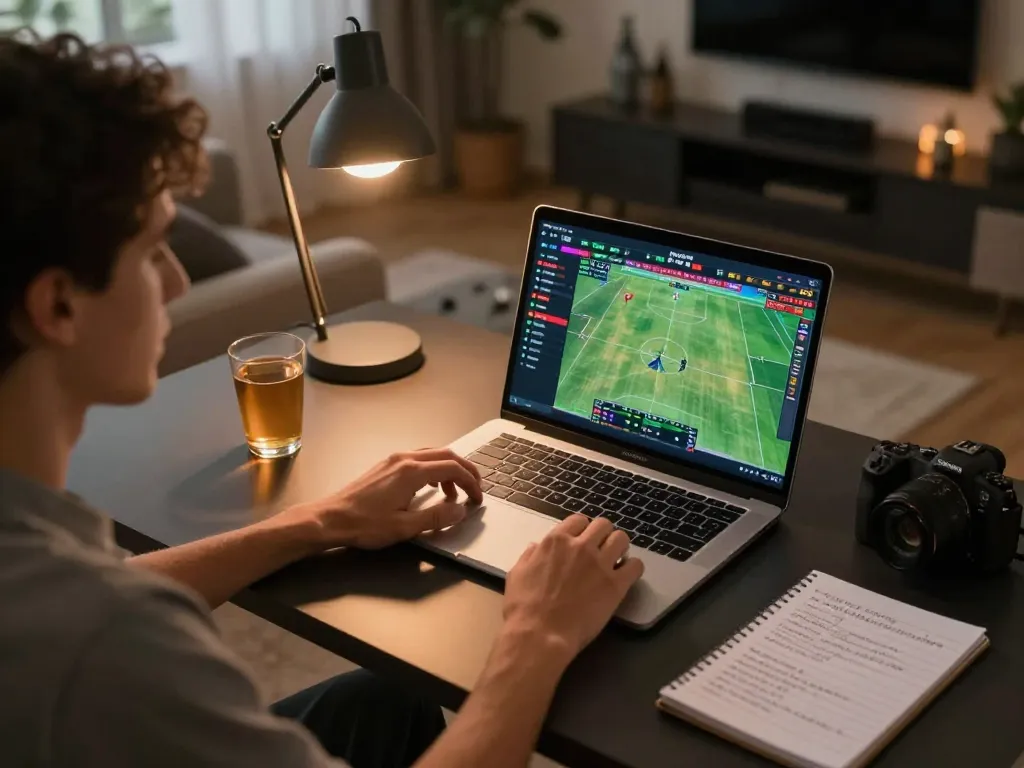 Engaging in sports betting online at home, featuring sunwin logo on site interface.