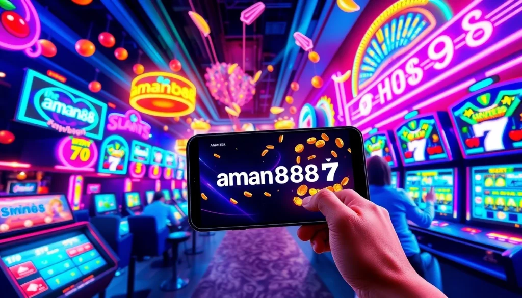 Vibrant online gaming scene featuring aman788 slot games with neon lights.