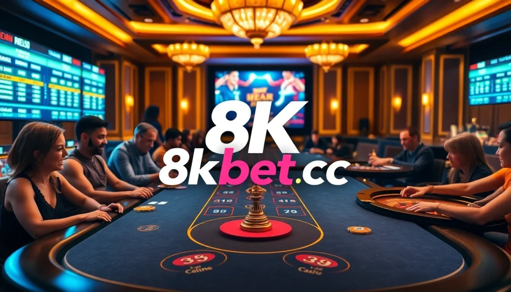 The 8kbet cc logo shines in an upscale casino scene with excited players at a digital gaming table.