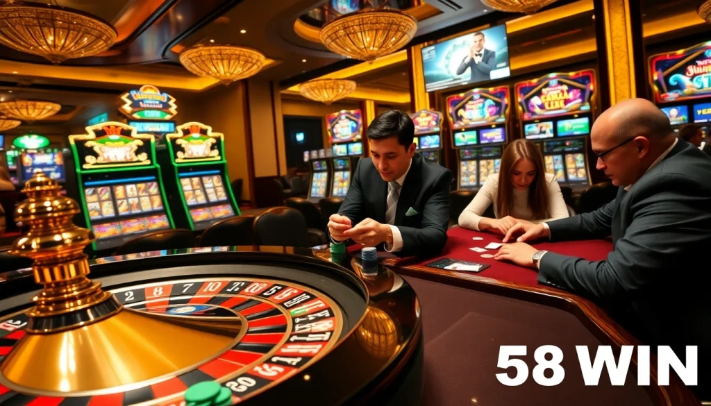 Experience thrilling gameplay at 58WIN with a vibrant poker table and roulette wheel.