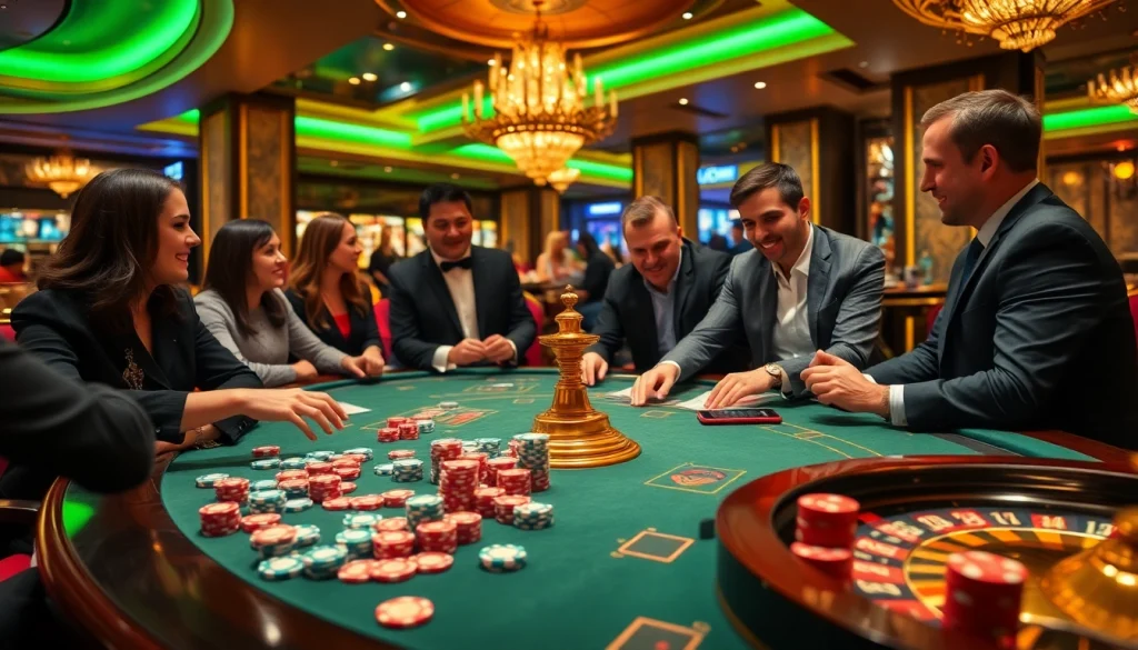 Exciting live casino scene at https://lc88.art/ with colorful poker chips, cards, and a roulette wheel.