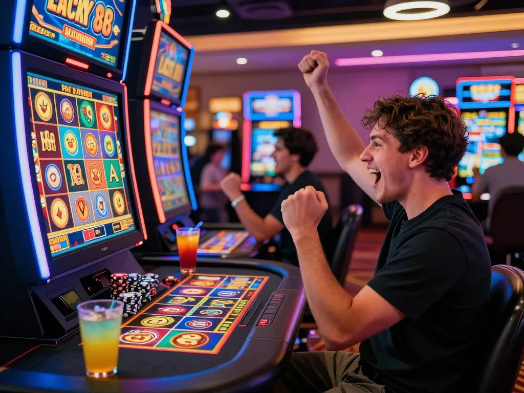 Excited player celebrating a win on the Lucky 88 slot machine in a vibrant online casino atmosphere