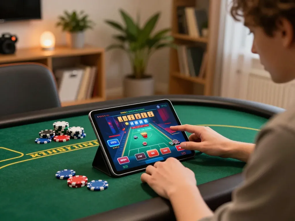 Player engaging with Nk88 online poker on tablet in cozy home setting
